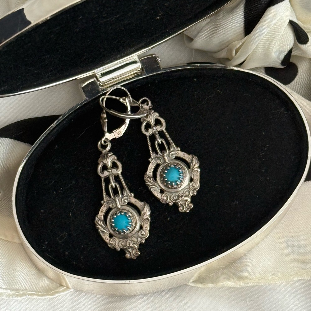 Elegant Vintage Sterling Silver and Turquoise Drop Earrings